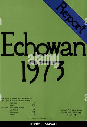 Das Echowan Jahrbuch 1973 von der St. Louis Park High School spiegelt die Höhepunkte des Schülerlebens, akademischer Leistungen und sozialer Veranstaltungen während des Schuljahres 1972-1973 an der Schule wider. Stockfoto