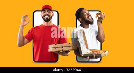 Kunden, die über Smartphones online einkaufen, um Lebensmittel zu liefern Stockfoto