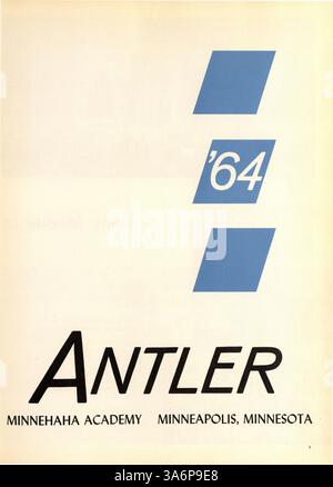 Das Jahrbuch Antler 1964 der Minnehaha Academy zeigt Erinnerungen an das akademische Jahr 1963-1964 und hebt Studenten, Dozenten, Leichtathletik und außerschulische Clubs hervor. Stockfoto