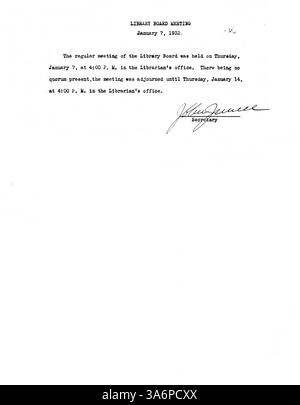 Das Sitzungsprotokoll des Verwaltungsrats der Minneapolis Public Library für 1932 enthält offizielle Aufzeichnungen über Diskussionen und Entscheidungen im Zusammenhang mit Bibliotheksbetrieb, Budgets und Programmen in diesem Jahr. Stockfoto
