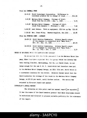 Das Sitzungsprotokoll des Verwaltungsrats der Minneapolis Public Library 1932 behandelt Diskussionen über Bibliotheksbetrieb, Gemeindeprogramme und Haushaltsfragen in den ersten Jahren der Großen Depression. Stockfoto