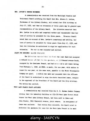 Das Sitzungsprotokoll 1932 gibt einen offiziellen Überblick über die Entscheidungen des Minneapolis Public Library Board über den Betrieb, die Dienstleistungen und die Haushaltsangelegenheiten in einer schwierigen wirtschaftlichen Periode. Stockfoto