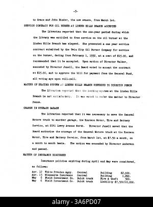 Diese Besprechungsprotokolle von 1932 bieten einen Einblick in die Managemententscheidungen der Minneapolis Public Library während der Großen Depression, wobei der Schwerpunkt auf Operationen, Finanzierung und Gemeindebedürfnissen liegt. Stockfoto