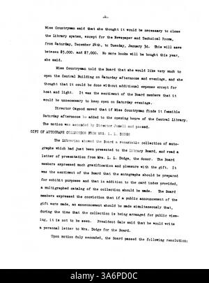 Die 1932 Minuten vom Minneapolis Public Library Board dokumentieren wichtige Entscheidungen über die Zuweisung von Haushaltsmitteln, Bibliotheksdienste und öffentliche Bemühungen während der Großen Depression. Stockfoto