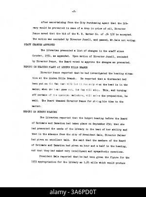 Die Minneapolis Public Library Board von 1932 dokumentiert Entscheidungen über die Finanzierung von Bibliotheken, die Bereitstellung von Diensten und die Öffentlichkeitsarbeit während der wirtschaftlichen Belastung der Großen Depression. Stockfoto