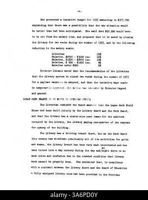 Minuten vom Minneapolis Public Library Board 1932 zeigen Diskussionen über das Budget der Bibliothek, Serviceänderungen und den Zugang der Öffentlichkeit zu Bibliotheksdiensten während der Großen Depression. Stockfoto