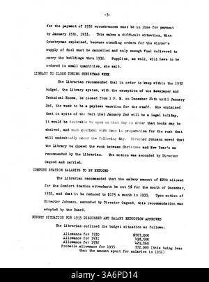 Das Sitzungsprotokoll des Minneapolis Public Library Board von 1932 bespricht das Finanzmanagement, die Anpassung des Dienstes und die Öffentlichkeitsarbeit während der finanziellen Belastungen der Depression. Stockfoto