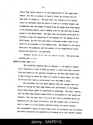 Die Protokolle des Minneapolis Public Library Board von 1932 dokumentieren Entscheidungen über die Finanzierung von Bibliotheken, Dienstanpassungen und öffentliche Programme als Reaktion auf die große Depression. Stockfoto