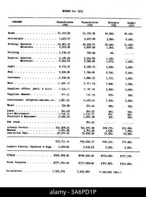 Das Sitzungsprotokoll des Minneapolis Public Library Board von 1932 diskutiert Budgetzuweisungen, gemeinnützige Projekte und Bibliotheksprogramme während der schwierigen wirtschaftlichen Bedingungen der Depression. Stockfoto