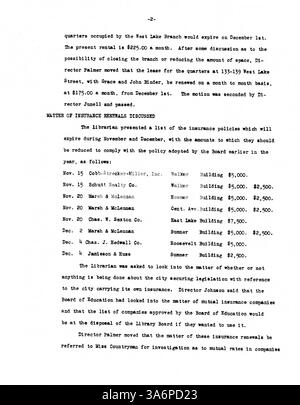 Das Sitzungsprotokoll des Minneapolis Public Library Board für 1932 dokumentiert Diskussionen über das Budget der Bibliothek, über Änderungen des Dienstes und über die Interaktion mit der Öffentlichkeit während der Großen Depression. Stockfoto