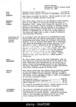Die 1965 Minuten des Verwaltungsrats der Minneapolis Public Library dokumentieren wichtige Entscheidungen über Bibliotheksbetrieb, Dienstleistungen und öffentliche Angelegenheiten, die das Bibliothekssystem geprägt haben. Stockfoto
