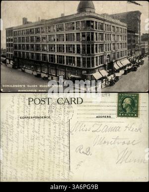 Dieses Foto zeigt Donaldsons Glass Block Store in Minneapolis, Minnesota, und zeigt einen persönlichen Brief vom April 1914, in dem Familiennachrichten und Bedenken mitgeteilt werden. Stockfoto