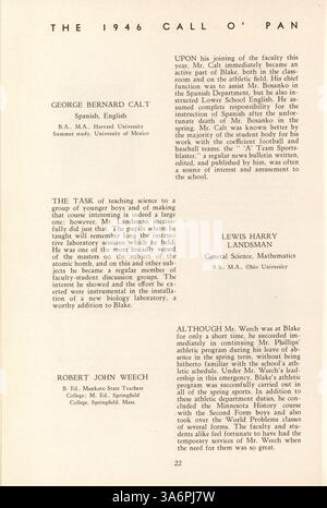 Dieses Jahrbuch von 1946 erfasst das akademische Jahr 1945-1946 an der Blake High School, einschließlich Studenten, Dozenten, Leichtathletik und Clubaktivitäten. Stockfoto