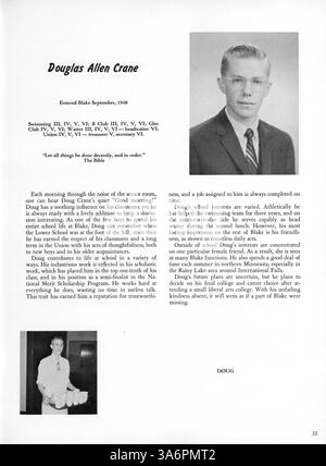 In diesem 1960 Jahrbuch der Blake High School, Call O' Pan, werden die akademischen und außerschulischen Leistungen der Schüler vorgestellt, darunter Leichtathletik, Clubs und Schulveranstaltungen aus dem Jahr 1959-1960. Stockfoto