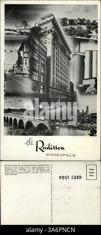 Das Radisson Hotel in Minneapolis, benannt nach dem Entdecker Pierre Esprit Radisson, liegt im Herzen des Geschäfts- und Einkaufsviertels. Es zeigt lokale Sehenswürdigkeiten wie die Stone Arch Bridge, Lake Calhoun und den Flughafen. Stockfoto