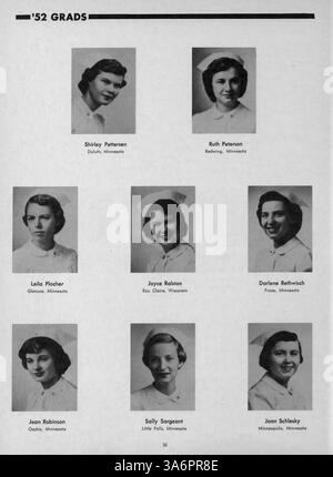Dieses Jahrbuch 1952 der Northwestern Hospital School of Nursing beleuchtet das akademische Jahr 1951-1952, einschließlich der Leistungen der Studenten und Dozenten, Veranstaltungen und Meilensteine. Stockfoto