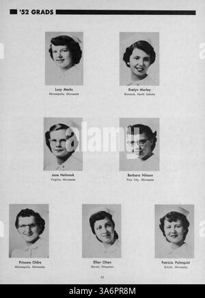 Das Jahrbuch 1952 der Northwestern Hospital School of Nursing präsentiert die Leistungen von Pflegestudenten, Lehrkräften und die bemerkenswerten Ereignisse des akademischen Jahres 1951-1952. Stockfoto