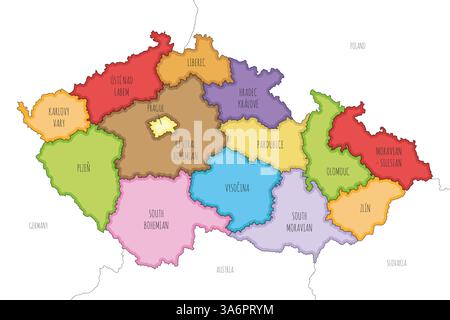 Vektor-illustrierte Karte von Tschechien oder Tschechien mit Regionen und Verwaltungsbereichen sowie Nachbarländern und Gebieten. Bearbeitbar an Stock Vektor