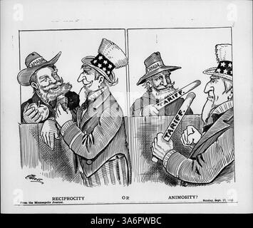 Dieser Zeichentrick der Minneapolis Morning Tribune stellt zwei Ansichten der Beziehungen zwischen den USA und Kanada gegenüber: Onkel Sam und Johnny Canuck diskutieren entweder gütlich über den Handel oder zeigen sich gegenseitig mit „Tariff“ bezeichnete Sticks, um gegen ein geplantes abkommen über die Gegenseitigkeit zu handeln. Stockfoto