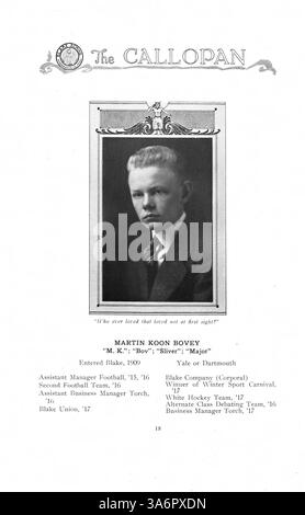 Die 1917 erschienene Ausgabe des Jahrbuchs „Callopan“ der Blake School bietet eine gründliche Dokumentation des Schuljahres 1916-1917, einschließlich Studenten, Dozenten, Sportveranstaltungen und Schulclubs. Stockfoto