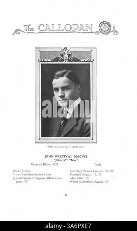 Diese Ausgabe des Jahrbuchs „Callopan“ der Blake School 1917 fasst die wichtigsten Momente des Schuljahres 1916-1917 zusammen, darunter Schülerleistungen, Leichtathletik und verschiedene Schulveranstaltungen. Stockfoto