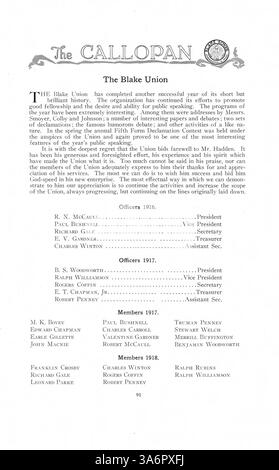 Das Jahrbuch „The Callopan“ von 1917 bietet einen umfassenden Einblick in die akademischen und außerschulischen Höhepunkte der Blake School aus dem Jahr 1916-1917. Stockfoto