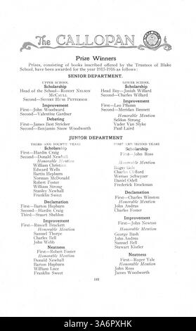 Das Jahrbuch der Blake School 1917, „The Callopan“, zeigt das Leben der Schüler, akademische Leistungen, Sport und Vereinsaktivitäten aus dem Schuljahr 1916-1917. Stockfoto