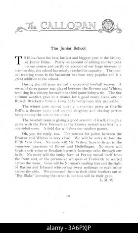 Das Blake-Jahrbuch 1917, „The Callopan“, dokumentiert die akademischen, sportlichen und außerschulischen Aktivitäten der Blake School im Schuljahr 1916-1917 mit einem Schwerpunkt auf den Leistungen der Schüler und Dozenten. Stockfoto