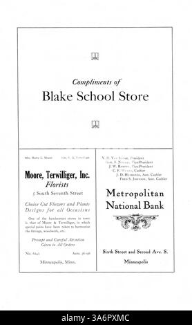 Das Jahrbuch „The Callopan“ von 1917 zeigt die Schüler der Blake School und dokumentiert ihre akademischen Leistungen, sportlichen Leistungen und ihre Beteiligung an außerschulischen Aktivitäten während des Schuljahres 1916-1917. Stockfoto