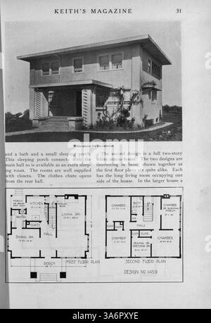 Keith’s Magazine on Home Building, das 1917 vom Architekten Max L. Keith veröffentlicht wurde, enthielt detaillierte Hausentwürfe, darunter Grundrisse, Kosten und Illustrationen. Das Magazin konzentrierte sich auf verschiedene Baustile und bot Ideen für Häuser und andere Bauten wie Kirchen und Schulen an. Darüber hinaus wurden Themen wie Inneneinrichtung, Landschaftsplanung und Baumaterialien behandelt. In jeder Ausgabe wurden Werbeanzeigen für Wohnmöbel und Accessoires vorgestellt. Stockfoto