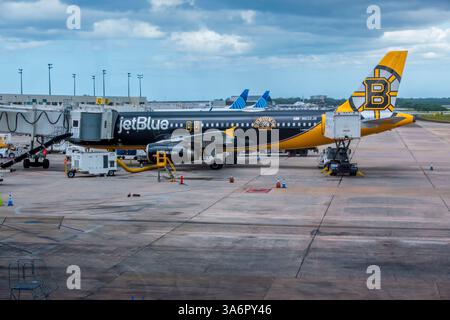 San Juan, PR – USA – 18. März 2025 der Airbus A320 „Bear Force One“ von JetBlue mit auffälligen Farben und Grafiken von Boston Bruins ist stolz auf San Juan Stockfoto