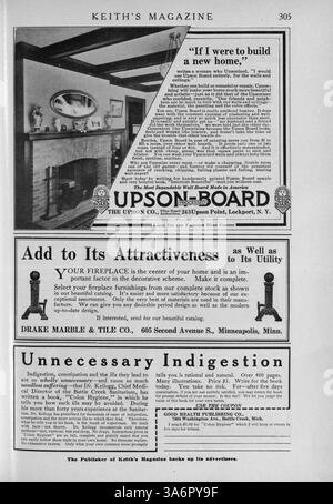 Das 1917 vom Architekten Max L. Keith veröffentlichte Keith's Magazine zeigt Hausentwürfe, Grundrisse und Baukosten. Das Magazin enthält Artikel über Wohnbau, Innenarchitektur und Landschaftsgestaltung sowie Werbung für Wohnmöbel und Baumaterialien. Es enthält auch Pläne für Kirchen, Schulen und andere Bauten aus dieser Zeit. Stockfoto