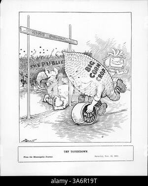 Der politische Cartoon „The Touchdown“ zeigt ein Fußballspiel, das wirtschaftliche und politische Ereignisse symbolisiert, darunter den republikanischen Elefanten, den demokratischen Esel und die Auswirkungen der Maisernte auf die Fleischpreise. Stockfoto