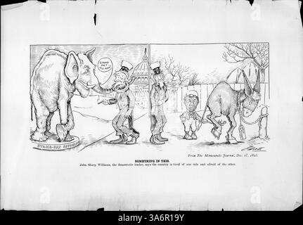 Der Zeichentrick mit dem Titel „Something in this“ zeigt eine politische Satire, in der ein republikanischer Elefant Uncle Sam erwürgt, während John Sharp Williams, ein demokratischer Führer, den Maud-Demokratiesel dazu bringt, Uncle Sam zu treten. Der Zeichentrick spiegelt politische Spannungen und Reformprobleme der frühen 1900er Jahre wider Stockfoto
