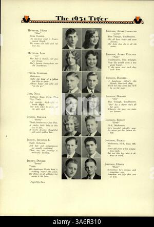 Das Jahrbuch „Tiger 1931“ der South High School erfasst die Geschichte der Schüler, Lehrer, Vereine, Leichtathletik und Afroamerikaner aus dem Schuljahr 1930-1931. Stockfoto