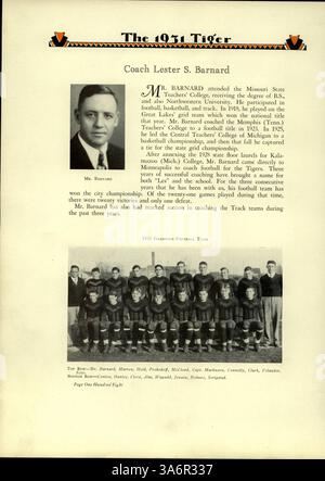 Dieses Jahrbuch der South High School mit dem Titel „Tiger 1931“ bietet einen Überblick über das Schuljahr 1930-1931 und hebt Schüler, Lehrer, Sportveranstaltungen, Studentenclubs, und afroamerikanische Kulturgeschichte. Stockfoto
