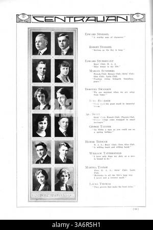 Das Centralian Jahrbuch 1920 zeigt Schüler, Lehrer, Sportmannschaften, Vereine und andere wichtige Veranstaltungen an der Central High School, wobei der Schwerpunkt auf der afroamerikanischen Geschichte während des akademischen Jahres 1919-1920 liegt. Stockfoto
