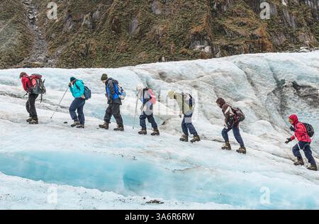 Gruppe von Wanderern auf Gletscher, Fox Glacier, Westland National Park, South Island, Neuseeland Stockfoto
