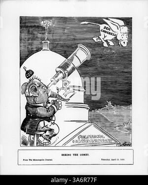 Dieser politische Zeichentrick zeigt humorvoll einen überraschten republikanischen Elefanten, der ein Teleskop benutzt, um einen Esel des Demokratischen Kongresses zu beobachten, der durch den Himmel fliegt. Es spiegelt die politischen Spannungen und die Dynamik der 1910er Jahre in Minnesota wider. Stockfoto