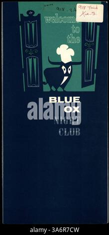 Das Blue Ox Night Club Menü aus den 1920er Jahren bietet eine Vielzahl von Gerichten, darunter Hauptgerichte, Sandwiches, Steaks und Meeresfrüchte. Das Design zeigt Illustrationen und Sonderaktionen, die mit Grain Belt Bierclips hervorgehoben werden. Stockfoto