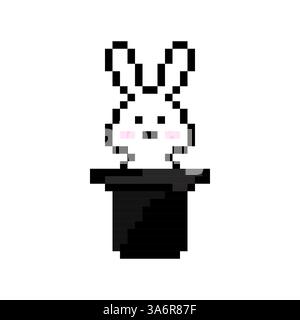 Pixelmagisches Kaninchen. Schwarzer Zauberhut. Gepixeltes Retro-Design. Niedliche digitale Kunst. Stock Vektor
