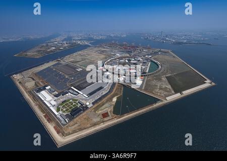 Eine Luftaufnahme der Expo 2025 auf der Insel Yumeshima in der Präfektur Osaka, Japan, 21. März 2025. Die Expo 2025 ist für sechs Monate vom 13. April bis 13. Oktober geplant. Quelle: Wataru Kojo/AFLO/Alamy Live News Stockfoto