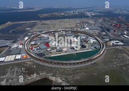 Eine Luftaufnahme der Expo 2025 auf der Insel Yumeshima in der Präfektur Osaka, Japan, 21. März 2025. Die Expo 2025 ist für sechs Monate vom 13. April bis 13. Oktober geplant. Quelle: Wataru Kojo/AFLO/Alamy Live News Stockfoto