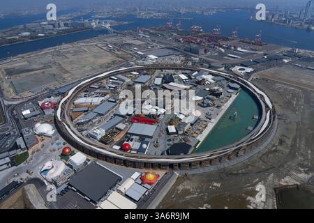 Eine Luftaufnahme der Expo 2025 auf der Insel Yumeshima in der Präfektur Osaka, Japan, 21. März 2025. Die Expo 2025 ist für sechs Monate vom 13. April bis 13. Oktober geplant. Quelle: Wataru Kojo/AFLO/Alamy Live News Stockfoto