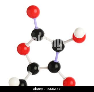 Molekül des auf weißem Boden isolierten Vitamin C. Chemisches Modell Stockfoto