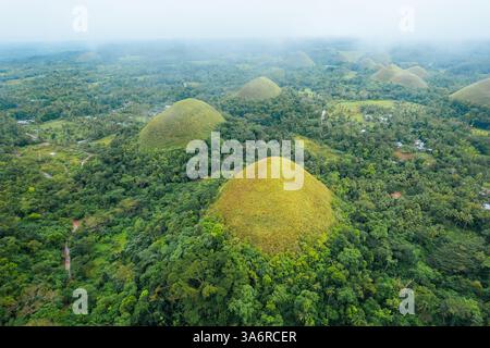 Atemberaubender Blick aus der Vogelperspektive auf die Bohol Chocolate Hills, Philippinen – Ein Naturwunder aus über 1.200 Kalksteinhügeln, perfekt für Reisen, Tourismus und Stockfoto