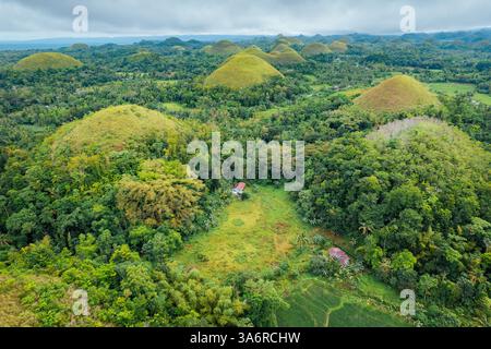 Atemberaubender Blick aus der Vogelperspektive auf die Bohol Chocolate Hills, Philippinen – Ein Naturwunder aus über 1.200 Kalksteinhügeln, perfekt für Reisen, Tourismus und Stockfoto