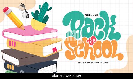 Willkommen zurück in die Schule Clipart Banner Design. Grußtext für die Rückkehr zur Schule im Rasterraum abstrakte Hintergrundclips mit farbenfrohem, flachem Zeichenstapel Stock Vektor