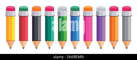 Bleistift Bunte Zeichnung Clipart Set. Mehrfarbige Bleistiftclip-Kunstkollektion für Schule und Büro flache handgezeichnete Kunstmaterialien Lehrpiktogramm Stock Vektor