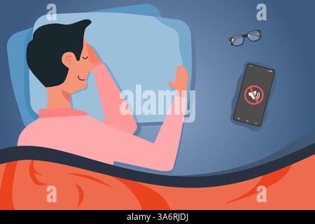Ein Mann, der auf dem Bett mit Kissen, Decke und einem Mobiltelefon mit Stummschaltung oder Stummmodus-Symbol schläft. Das Konzept nicht stören. Stock Vektor